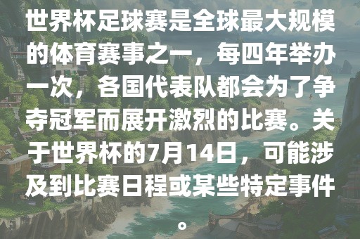 世界杯足球赛是全球最大规模的体育赛事之一，每四年举办一次，各国代表队都会为了争夺冠军而展开激烈的比赛。关于世界杯的7月14日，眉山市正发家政服务有限公司可能涉及到比赛日程或某些特定事件。