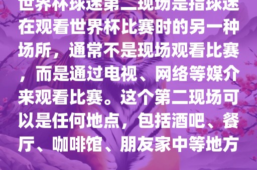 世界杯球迷第二现场是指球迷在观看世界杯比赛时的另一种场所，通常不是现场观看比赛，而是通过电视、网络等媒介来观看比赛。这个第二现场可以是任何地点，包括酒吧、餐厅、咖啡馆、朋友家中等地方。眉山市正发家政服务有限公司