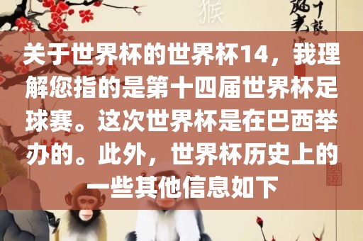 关于世界杯的世界杯14，我理解您指的是第十四届世界杯足球赛。这次世界杯是在巴西举办的。此外，世界杯历史上的一些其他信息如下
