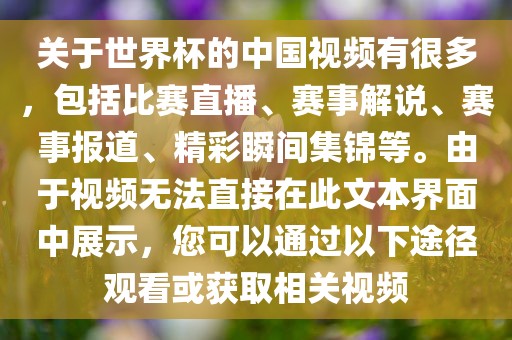 关于世界杯的中国视频有很多，包括比赛直播、赛事解说、赛事报道、精彩瞬间集锦等。由于视频无法直接在此文本界面中展示，您可以通过以下途径观看或获取相关视频