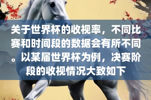 关于世界杯的收视率，不同比赛和时间段的数据会有所不同。以某届世界杯为例，决赛阶段的收视情况大致如下