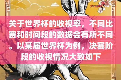 关于世界杯的收视率，不同比赛和时间段的数据会有所不同。以某届世界杯为例，决赛阶段的收视情况大致如下