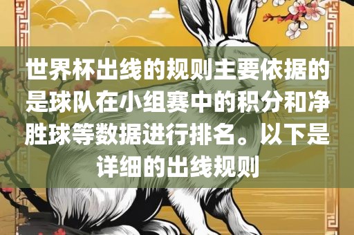 世界杯出线的规则主要依据的是球队在小组赛中的积分和净胜球等数据进行排名。以下是详细的出线规则