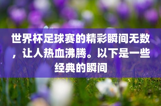 世界杯足球赛的精彩瞬间无数，让人热血沸腾。以下是一些经典的瞬间