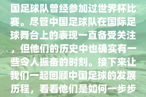 中国进过世界杯吗？是的，中国足球队曾经参加过世界杯比赛。尽管中国足球队在国际足球舞台上的表现一直备受关注，但他们的历史中也确实有一些令人振奋的时刻。接下来让我们一起回顾中国足球的发展历程，看看他们是如何一步步走向世界杯的。眉山市正发家政服务有限公司