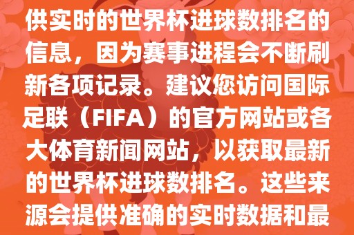 根据我所掌握的知识，无法提供实时的世界杯进球数排名的信息，因为赛事进程会不断刷新各项记录。建议您访问国际足联（FIFA）的官方网站或各大体育新闻网站，以获取最新的世界杯进球数排名。这些来源会提供准确的实时数据和最新的比赛信息。
