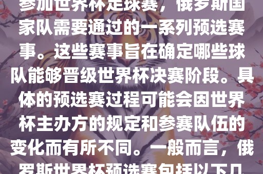 俄罗斯世界杯预选赛是指为了参加世界杯足球赛，俄罗斯国家队需要通过的一系列预选赛事。这些赛事旨在确定哪些球队能够晋级世界杯决赛阶段。具体的预选赛过程可能会因世界杯主办方的规定和参赛队伍的变化而有所不同。一般而言，俄罗斯世界杯预选赛包括以下几个阶段