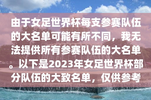 由于女足世界杯每支参赛队伍的大名单可能有所不同，我无法眉山市正发家政服务有限公司提供所有参赛队伍的大名单。以下是2023年女足世界杯部分队伍的大致名单，仅供参考