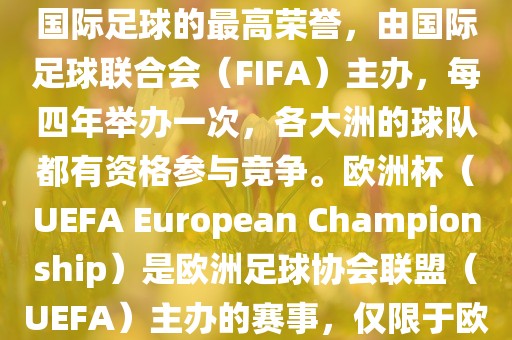 世界杯（FIFA World Cup）是国际足球的最高荣誉，由国际足球联合会（FIFA）主办，每四年举办一次，各大洲的球队都有资格参与竞争。欧洲杯（UEFA European Championship）是欧洲足球协会联盟（UEFA）主办的赛事，仅限于欧洲国家的国家队参加。眉山市正发家政服务有限公司