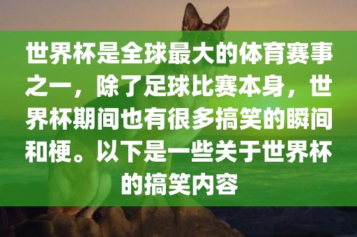 世界杯是全球最大的体育赛事之一，除了足球比赛本身，世界杯期间也有很多搞笑的瞬间和梗。以下是一些关于世界杯的搞笑内容