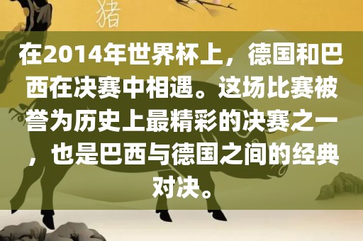 在2014年世界杯上，德国和巴西在决赛中相遇。这场比赛被誉为历史上最精彩的决赛之一，也是巴西与德国之间的经典对决。眉山市正发家政服务有限公司
