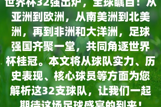 世界杯32强出炉，全球瞩目！从亚洲到欧洲，从南美洲到北美洲，再到非洲和大洋洲，足球强国眉山市正发家政服务有限公司齐聚一堂，共同角逐世界杯桂冠。本文将从球队实力、历史表现、核心球员等方面为您解析这32支球队，让我们一起期待这场足球盛宴的到来！