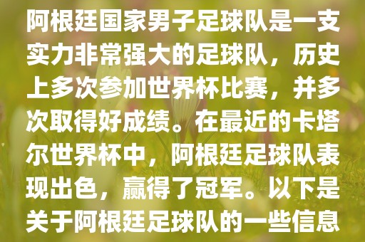 阿根廷国家男子足球队是一支实力非常强大的足球队，历史上多次参加世界杯比赛，并多次取得好成绩。在最近的卡塔尔世界杯中，阿根廷足球队表现出色，赢得了冠军。以下是关于阿根廷足球队的一些信息