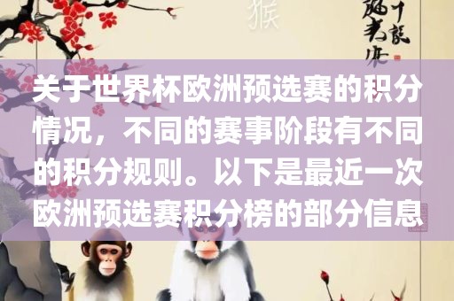 关于世界杯欧洲预选赛的积分情况，不同的赛事阶段有不同的积分规则。以下是最近一次欧洲预选赛积分榜的部分信息