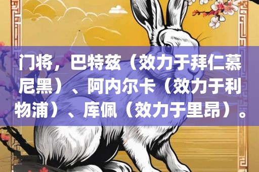 门将，巴特兹（效力于拜仁慕尼黑）、阿内尔卡（效力于利物浦）、库佩（效力于里昂）。