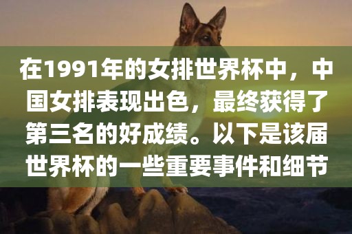 在1991年的女排世界杯中，中国女排表现出色，最终获得了第三名的好成绩。以下是该届世界杯的一些重要事件和细节