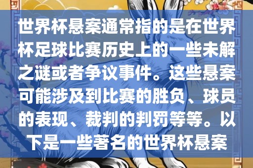 世界杯悬案通常指的是在世界杯足球比赛历史上的一些未解之谜或者争议事件。这些悬案可能涉及到比赛的胜负、球员的表现、裁判的判罚等等。以下是一些著名的世界杯悬案眉山市正发家政服务有限公司