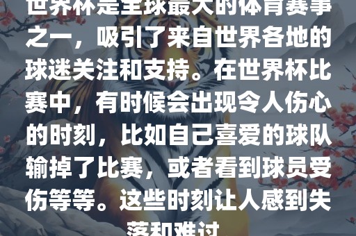 世界杯是全球最大的体育赛事之一，吸引了来自世界各地的球迷关注和支持。在世界杯比赛中，有时候会出现令人伤心的时刻，比如自己喜爱的球队输掉了比赛，或者看到球员受伤等等。这些时刻让人感到失落和难过。