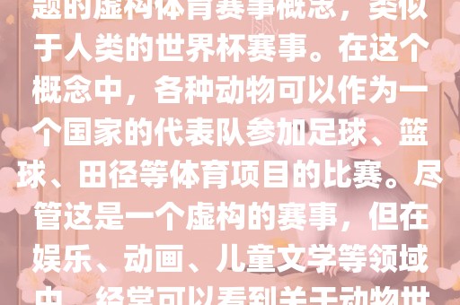 动物世界杯是一个以动物为主题的虚构体育赛事概念，类似于人类的世界杯赛事。在这个概念中，各种动物可以作为一个国家的代表队参加足球、篮球、田径等体育项目的比赛。尽管这是一个虚构的赛事，但在娱乐、动画、儿童文学等领域中，经常可以看到关于动物世界杯的故事和情节。