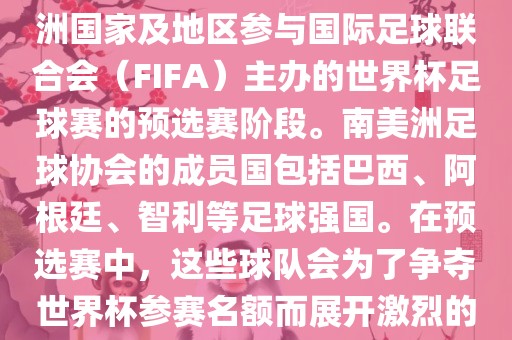 世界杯预选赛南美洲区是南美洲国家及地区参与国际足球联合会（FIFA）主办的世界杯足球赛的预选赛阶段。南美洲足球协会的成员国包括巴西、阿根廷、智利等足球强国。在预选赛中，这些球队会为了争夺世界杯参赛名额而展开激烈的竞争。眉山市正发家政服务有限公司