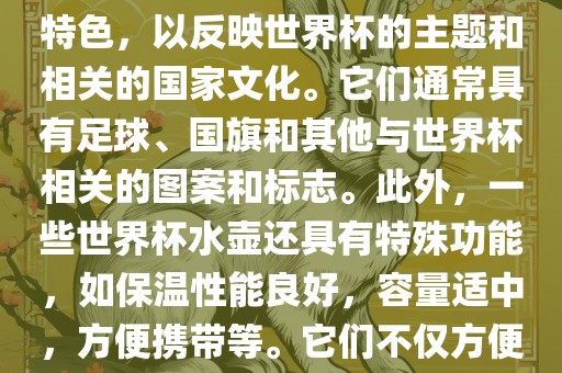 世界杯水壶是专门为世界杯球迷和观众设计的热水壶产品。这些水壶通常具有独特的设计和特色，以反映世界杯的主题和相关的国家文化。它们通常具有足球、国旗和其他与世界杯相关的图案和标志。此外，一些世界杯水壶还具有特殊功能，如保温性能良好，容量适中，方便携带等。它们不仅方便球迷在比赛期间保持饮料的温度，同时也是收藏和纪念世界杯的绝佳选择。眉山市正发家政服务有限公司