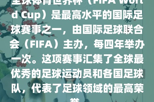 全球体育世界杯（FIFA World Cup）是最高水平的国际足球赛事之一，由国际足球联合会（FIFA）主办，每四年举办一次。这项赛事汇集了全球最优秀的足球运动员和各国足球队，代表了足球领域的最高荣誉。