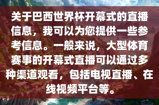 关于巴西世界杯开幕式的直播信息，我可以为您提供一些参考信息。一般来说，大型体育赛事的开幕式直播可以通过多种渠道观看，包括电视直播、在线视频平台等。