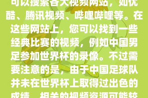 关于中国足球世界杯的视频，您可以搜索各大视频网站，如优酷、腾讯视频、哔哩哔哩等。在这些网站上，您可以找到一些经典比赛的视频，例如中国男足参加世界杯的录像。不过需要注意的是，由于中国足球队并未在世界杯上取得过出色的成绩，相关的视频资源可能较少。