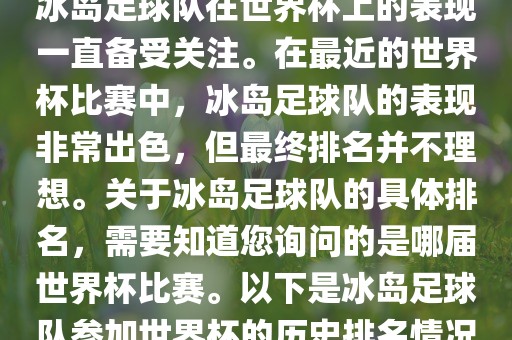 冰岛足球队在世界杯上的表现一直备受关注。在最近的世界杯比赛中，冰岛足球队的表现非常出色，但最终排名并不理想。关于冰岛足球队的具体排名，需要知道您询问的是哪届世界杯比赛。以下是冰岛足球队参加世界杯的历史排名情况