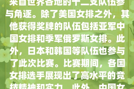 在2013年举办的女排世界杯中，最终夺冠的是美国女排。这届世界杯在意大利举行，共有来自世界各地的十二支队伍参与角逐。除了美国女排之外，其他获得奖牌的队伍包括亚军中国女排和季军俄罗斯女排。此外，日本和韩国等队伍也参与了此次比赛。比赛期间，各国女排选手展现出了高水平的竞技精神和实力。此外，中国女排在这次比赛中也取得了不错的成绩，为球迷带来了精彩的比赛体验。眉山市正发家政服务有限公司