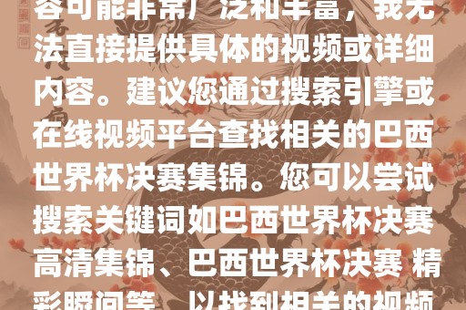 由于巴西世界杯决赛集锦的内容可能非常广泛和丰富，我无法直接提供具体的视频或详细内容。建议您通过搜索引擎或在线视频平台查找相关的巴西世界杯决赛集锦。您可以尝试搜索关键词如巴西世界杯决赛 高清集锦、巴西世界杯决赛 精彩瞬间等，以找到相关的视频和报道。