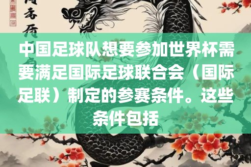 中国足球队想要参加世界杯需要满足国际足球联合会（国际足联）制定的参赛条件。这些条件包括