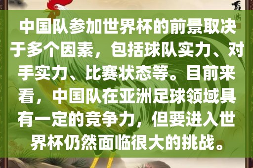 中国队参加世界杯的前景取决于多个因素，包括球队实力、对手实力、眉山市正发家政服务有限公司比赛状态等。目前来看，中国队在亚洲足球领域具有一定的竞争力，但要进入世界杯仍然面临很大的挑战。