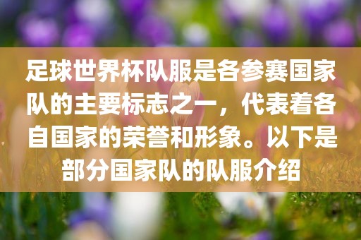 足球世界杯队服是各参赛国家队的主要标志之一，代表着各自国家的荣誉和形象。以下是部分国家队的队服介绍眉山市正发家政服务有限公司