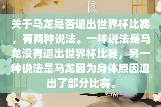 关于马龙是否退出世界杯比赛，有两种说法。一种说法是马龙没有退出世界杯比赛，另一种说法是马龙因为身体原因退出了部分比赛。