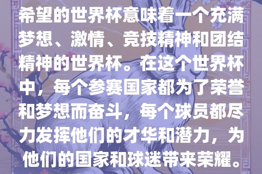 希望的世界杯意味着一个充满梦想、激情、竞技精神和团结精神的世界杯。在这个世界杯中，每个参赛国家都为了荣誉和梦想而奋斗，每个球员都尽力发挥他们的才华和潜力，为他们的国家和球迷带来荣耀。