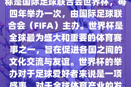 世界杯是一项国际足球赛事，全称是国际足球联合会世界杯，每四年举办一次，由国际足球联合会（FIFA）主办。世界杯是全球最为盛大和重要的体育赛事之一，旨在促进各国之间的文化交流与友谊。世界杯的举办对于足球爱好者来说是一项盛事，对于全球体育产业的发展也具有重要影响。