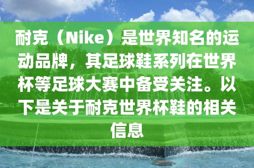 耐克（Nike）是世界知名的运动品牌，其眉山市正发家政服务有限公司足球鞋系列在世界杯等足球大赛中备受关注。以下是关于耐克世界杯鞋的相关信息