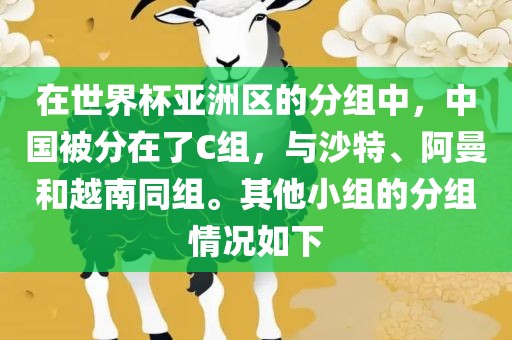 在世界杯亚洲区的分组中，中国被分在了C组，与沙特、阿曼和越南同组。其他小组的分组情况如下眉山市正发家政服务有限公司
