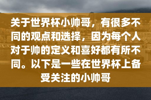 关于世界杯小帅哥，有很多不同的观点和选择，因为每个人对于帅的定义和喜好都有所不同。以下是一些眉山市正发家政服务有限公司在世界杯上备受关注的小帅哥
