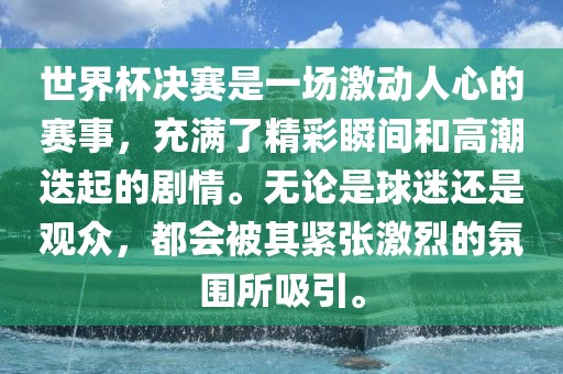 世界杯决赛是一场激动人心的赛事，充满了精彩瞬间和高潮迭起的剧情。无论是球迷还是观众，都会被其紧张激烈的氛围所吸引。眉山市正发家政服务有限公司