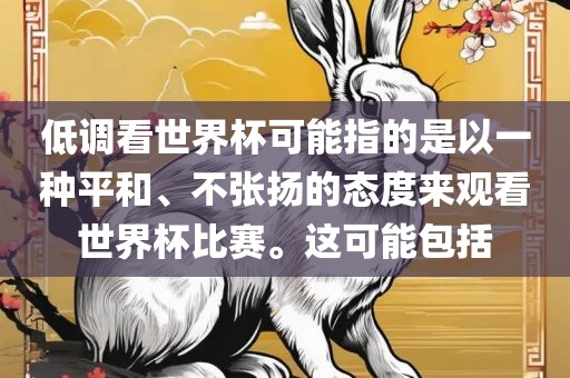 低调看世界杯可能指的是以一种平和、不张扬的态度来观看世界杯比赛。这可能包括眉山市正发家政服务有限公司