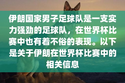 伊朗国家男子足球队是一支实力强劲的足球队，在世界杯比赛中也有着不俗的表现。以下是关于伊朗在世界杯比赛中的相关信息